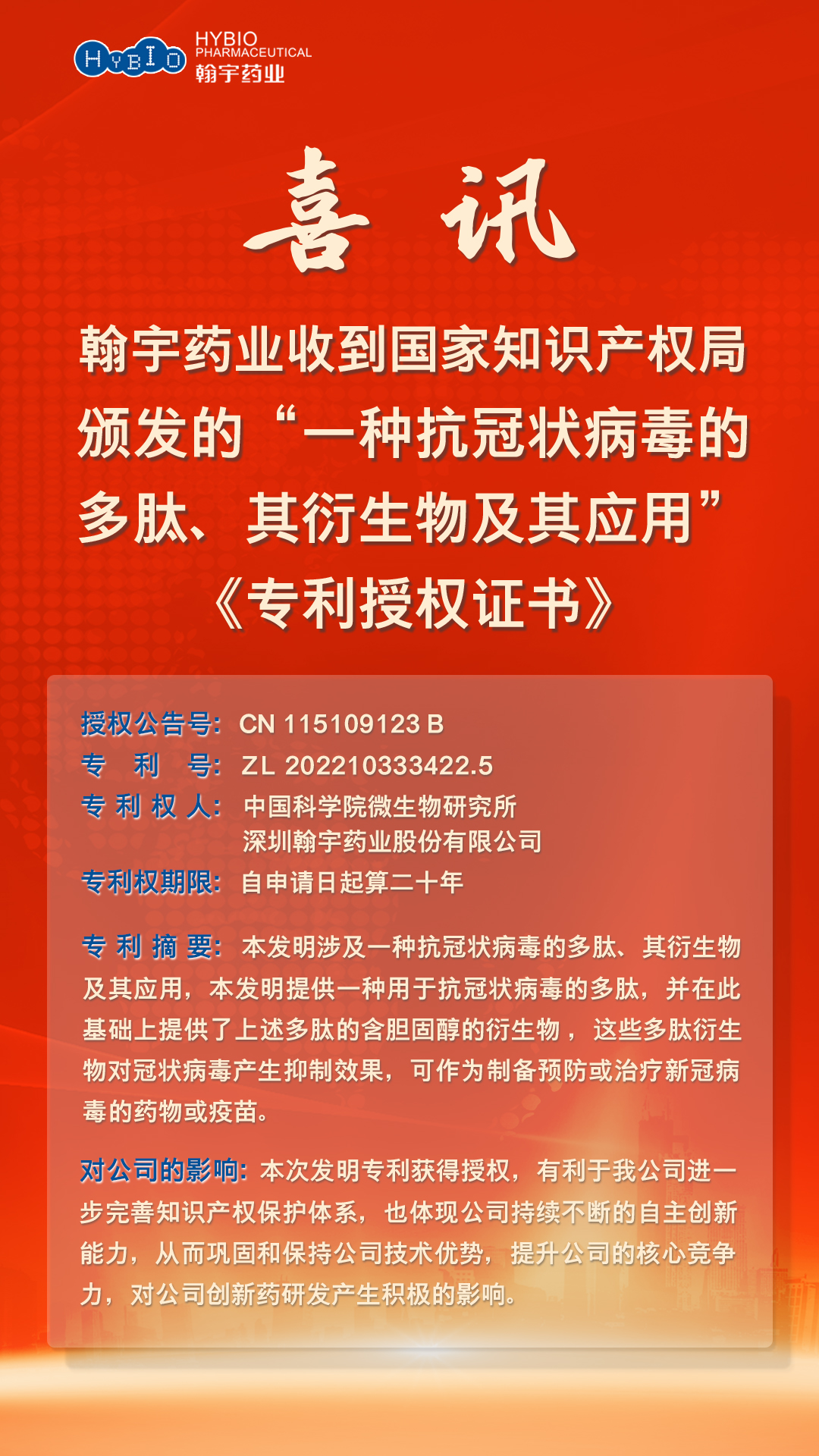 翰宇藥業(yè)“一種抗冠狀病毒的多肽、其衍生物及其應(yīng)用”《專利授權(quán)證書》2(2)