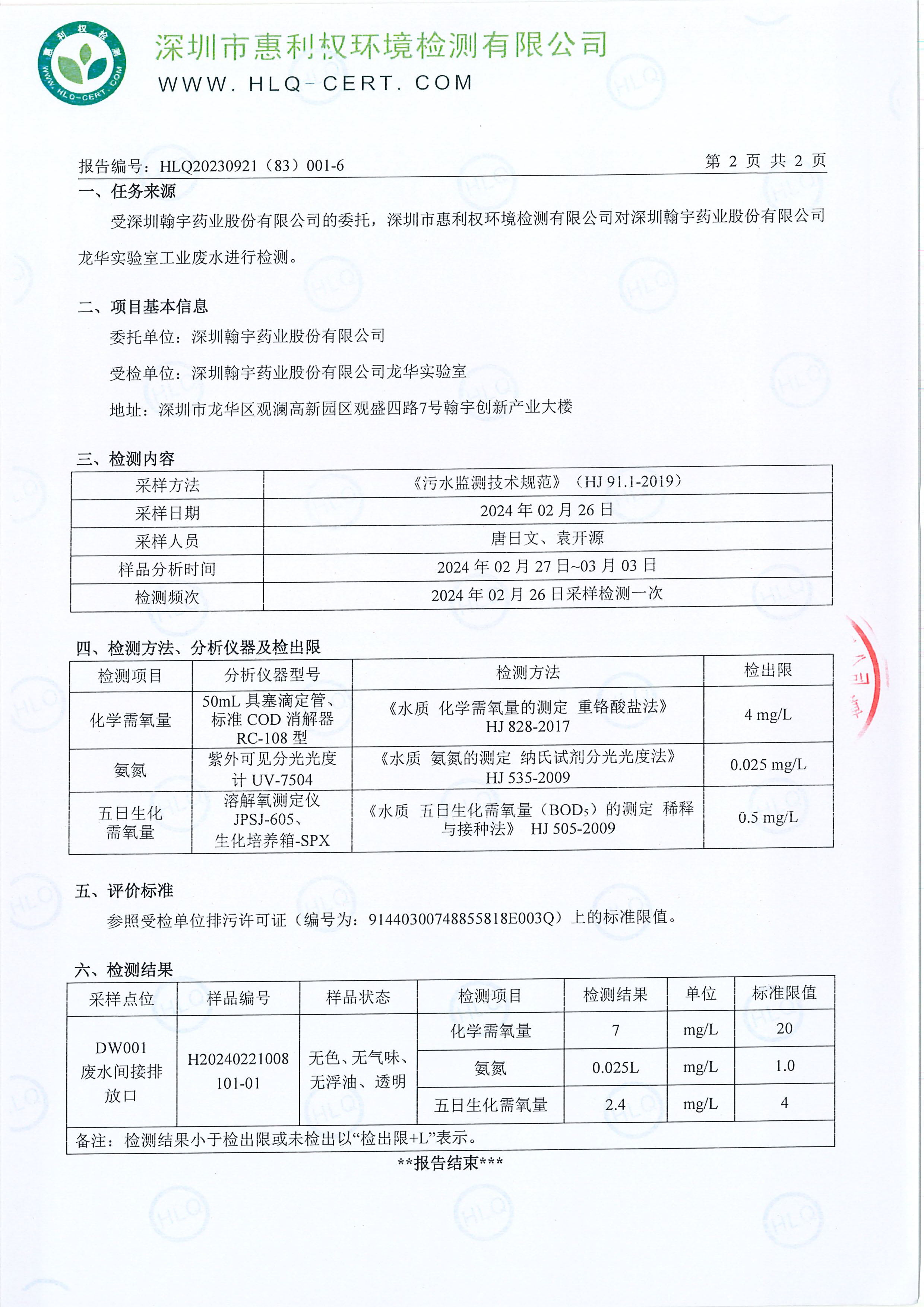 HLQ20230921（83）001-6--深圳翰宇藥業股份有限公司龍華實驗室--（工業廢水）20240226-3